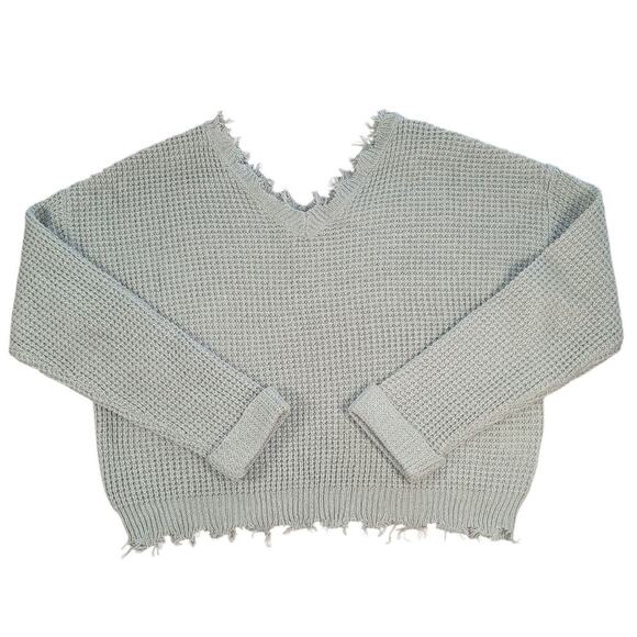 Moon & Madison Sage Cropped Waffle Knit Sweater Small V-Neck EUC - Picture 2 of 7